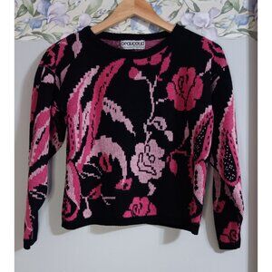 Beaucoup Medium Vintage 80s Black Pink Floral Pull Over Colorful Knit Sweater